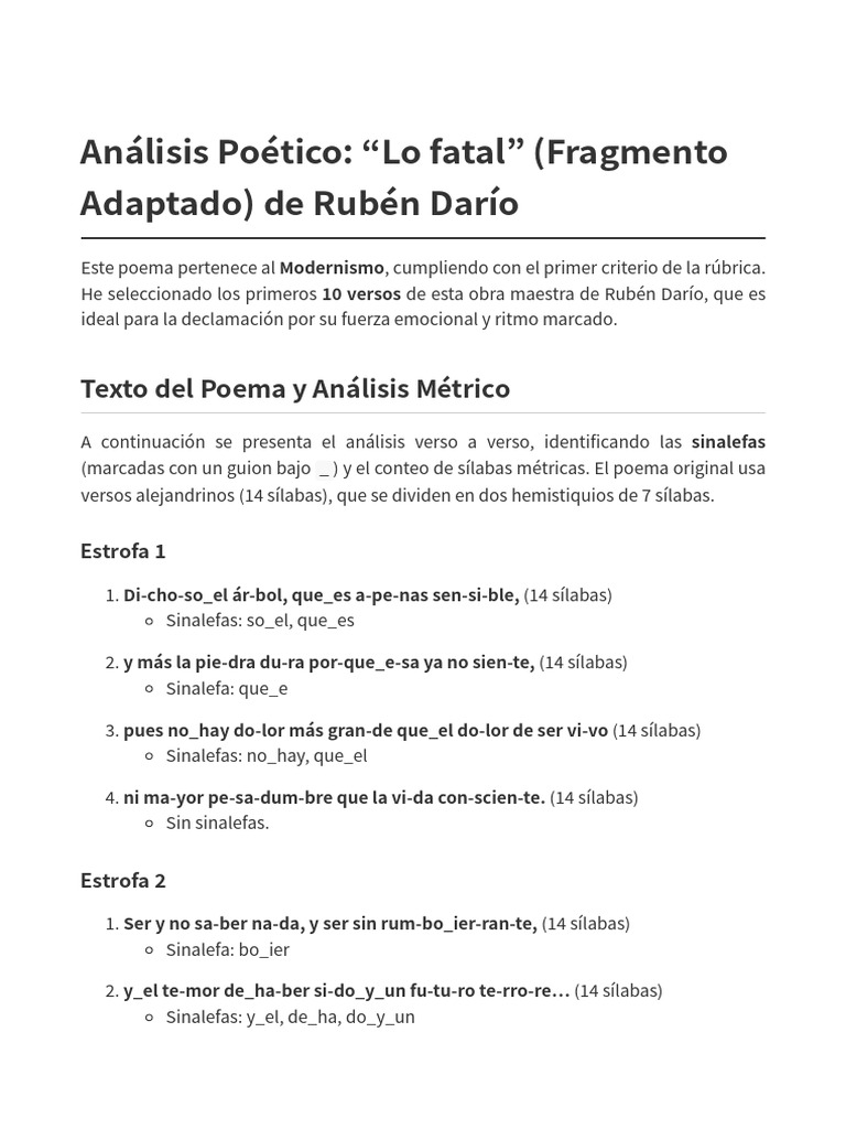 Analisis Poema 10 Versos Ruben Dario | PDF | Metro (poesía) | Fonética