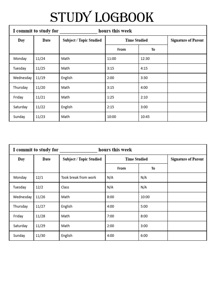 Blank Study Log Book.docx | PDF