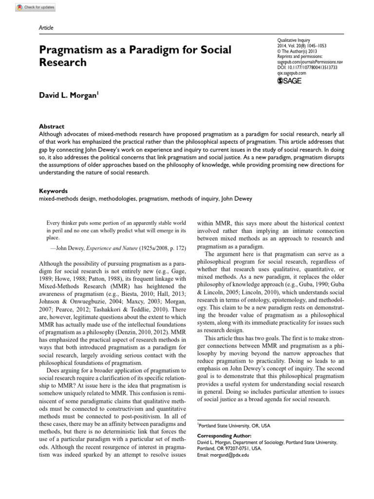 Morgan 2014 Pragmatism as a Paradigm for Social Research | PDF ...