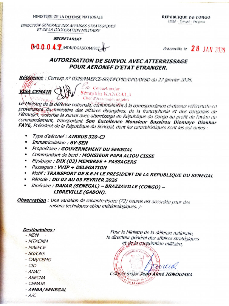 Autorisation de survol avec atterrissage du PR de la République du ...