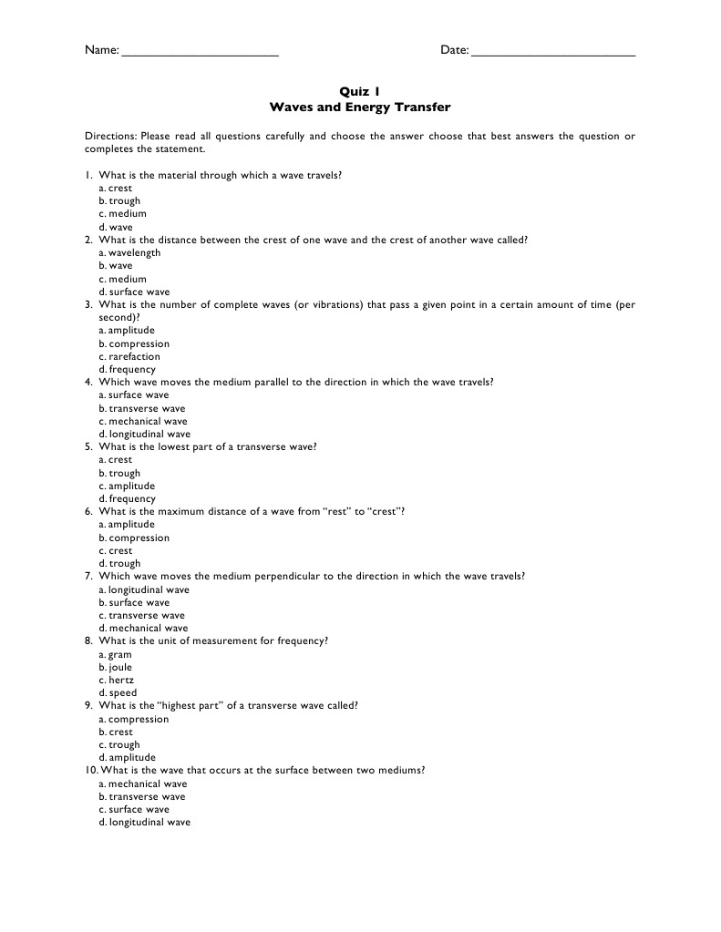 Name: - Date: - : Quiz 1 Waves and Energy Transfer | PDF | Science ...
