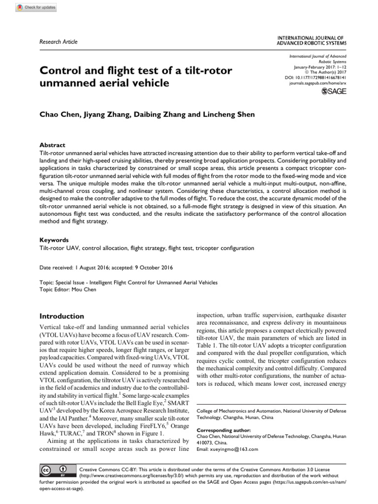 Chen Et Al 2017 Control and Flight Test of A Tilt Rotor Unmanned Aerial ...