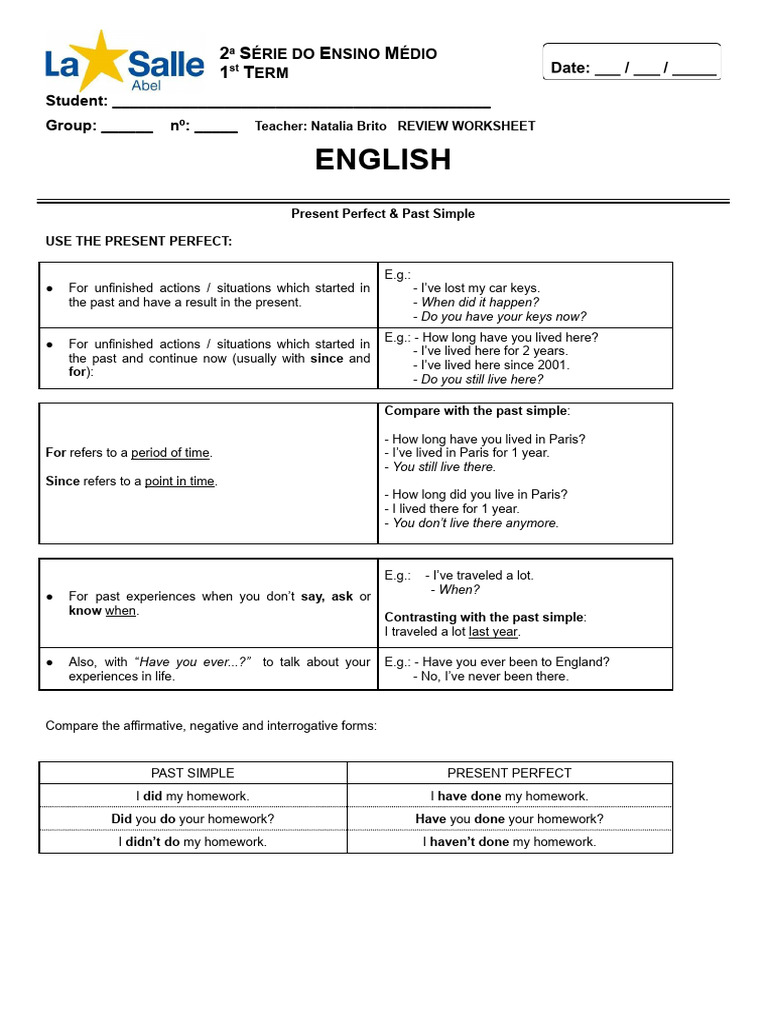 English - 2 Série - 1º Período - Verb Tenses Review - Recuperação | PDF ...