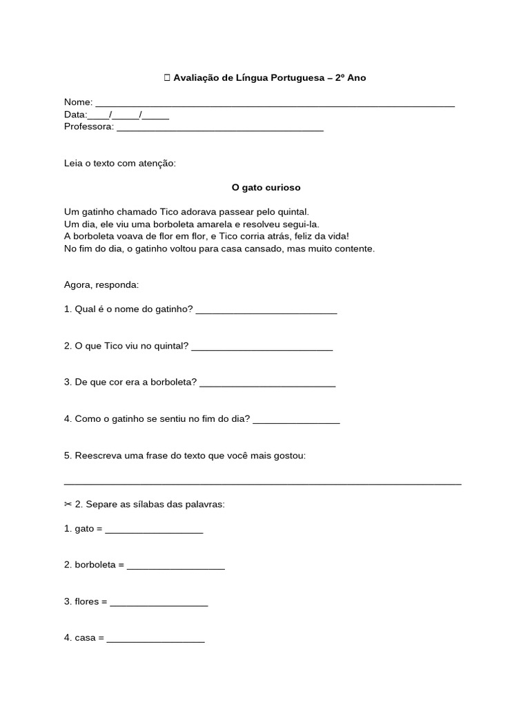 ? Avaliação de Língua Portuguesa - 2º Ano | PDF