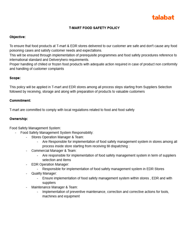 Food Safety Policy | PDF