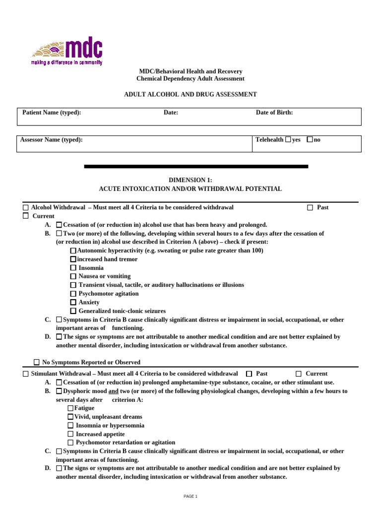 MDC ADULT ASSESSMENT (TEMPLATE) | PDF | Drug Withdrawal | Mental Disorder