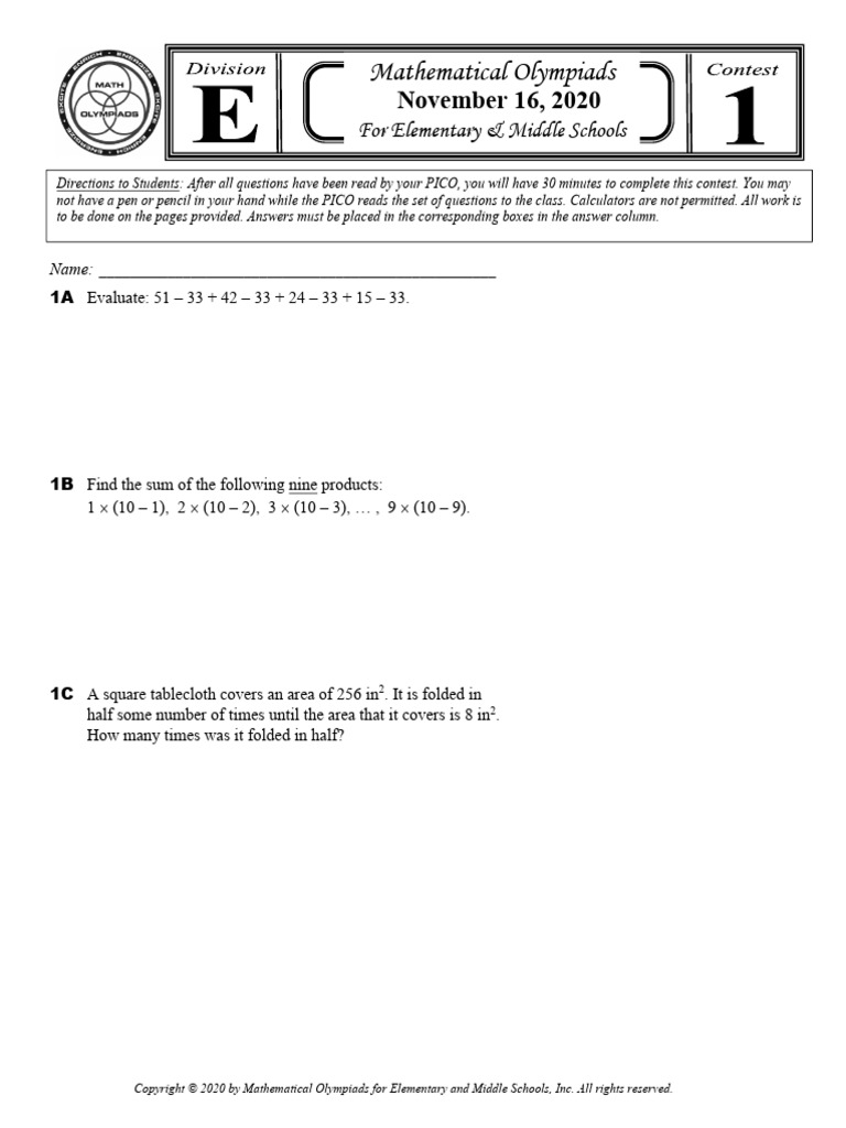 Math Olympiad Elementary 20-21 Qns&Solns | PDF | Area | Equations