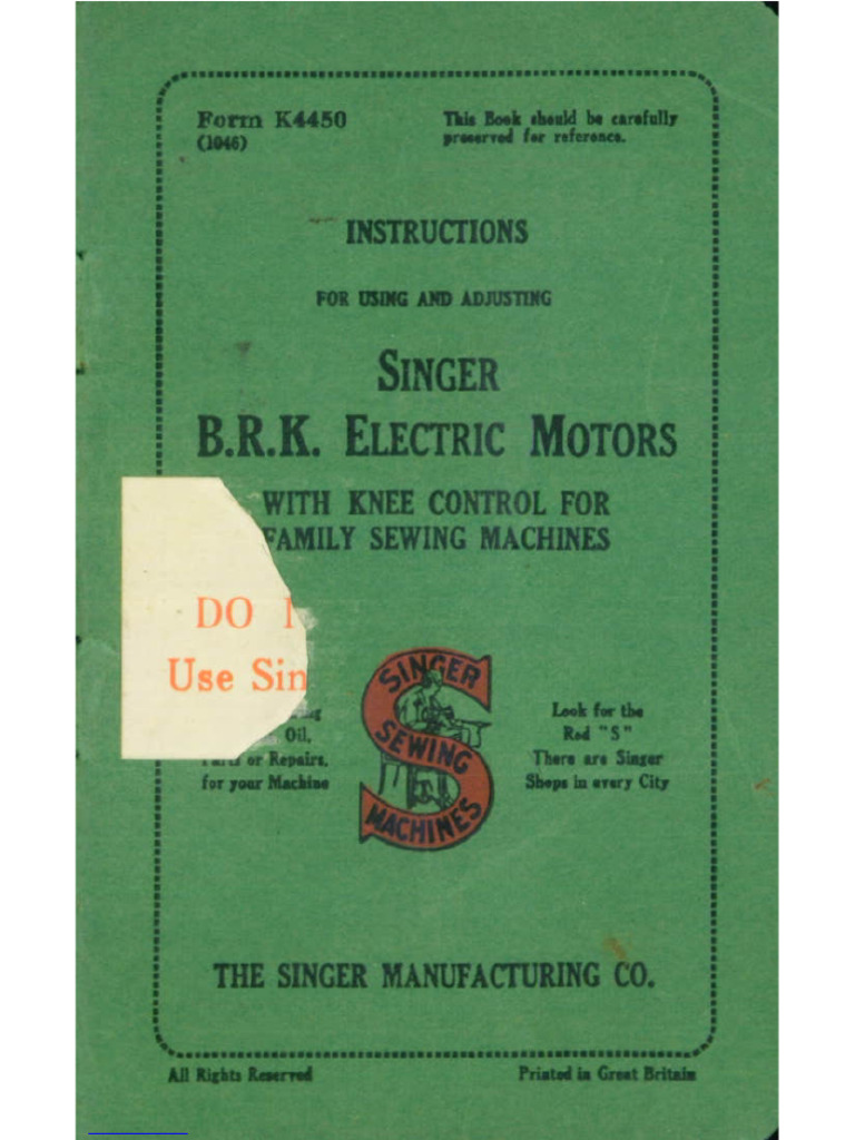 Singer Model BRK Sewing Machine Motor Manual | PDF