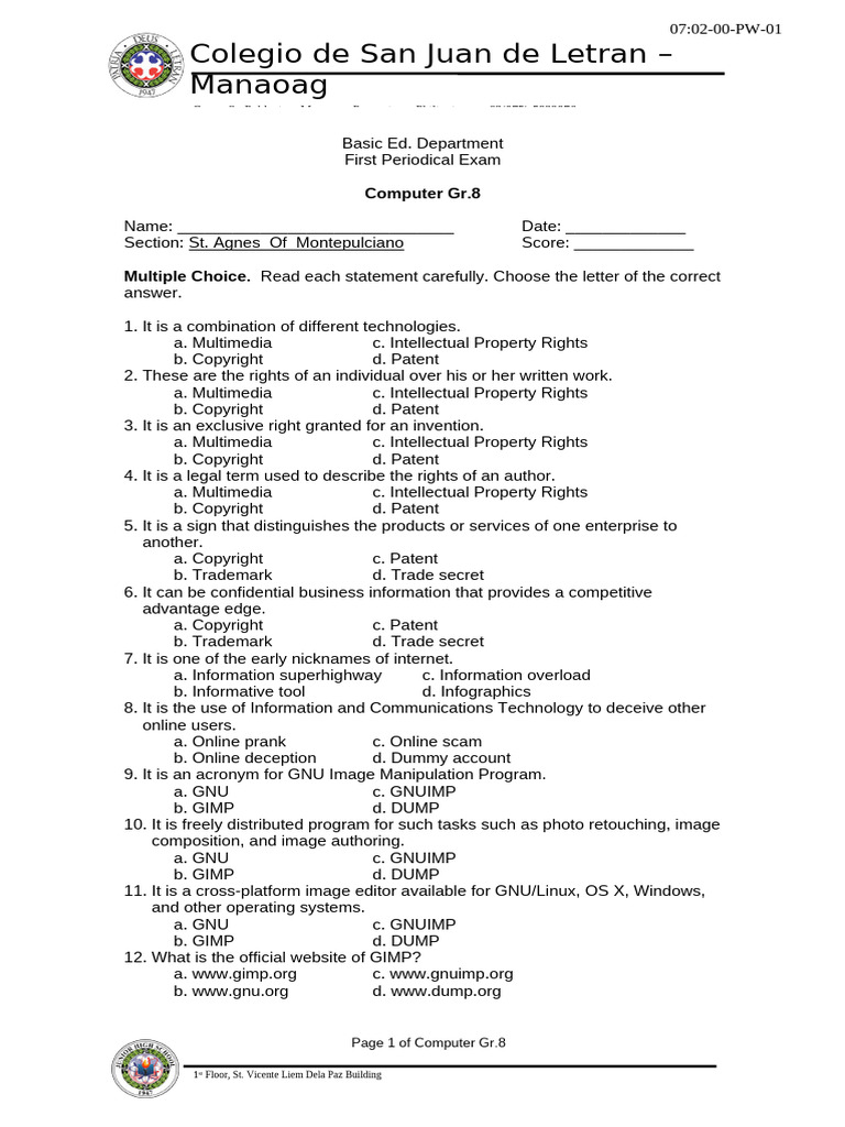 Basic Ed Computer 8 - 1st Periodical Exam 2025 2026 | PDF | Icon ...