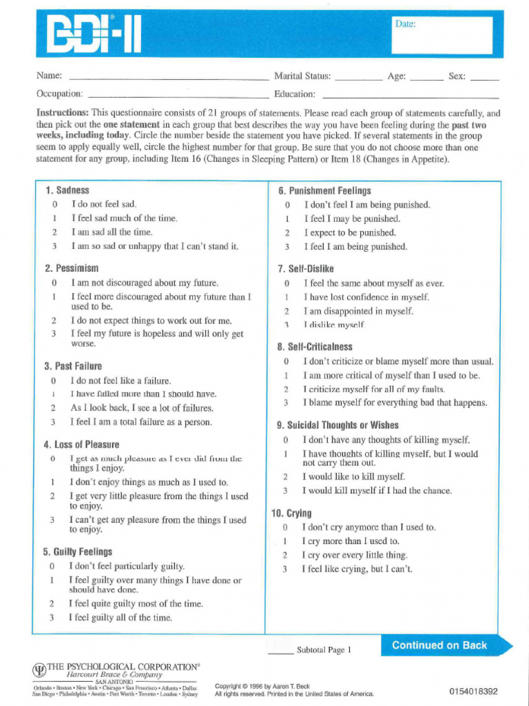 BDI II Protocol | PDF