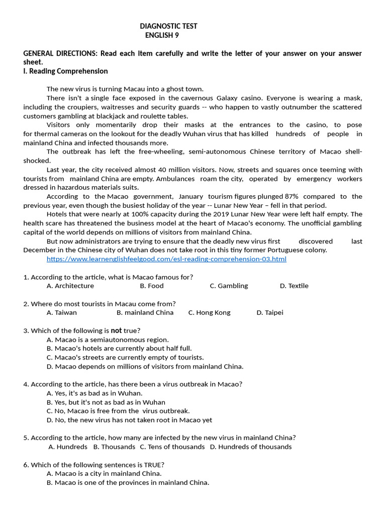 Diagnostic Test Grade 9-2024-25 | PDF | Macau | Casino