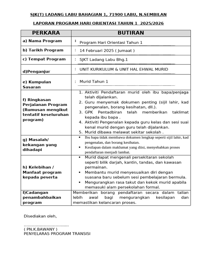 Laporan Program Hari Orientasi Tahun 1 2025 | PDF