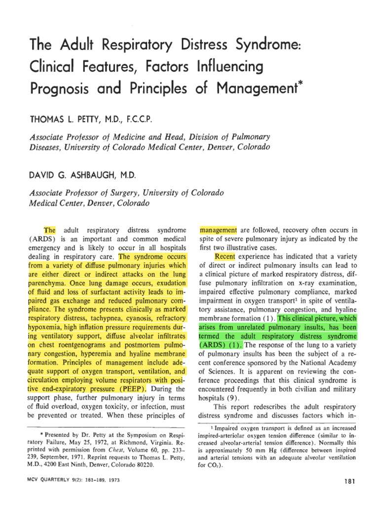 The Adult Respiratory Distress Syndrome - Clinical Features Facto | PDF ...