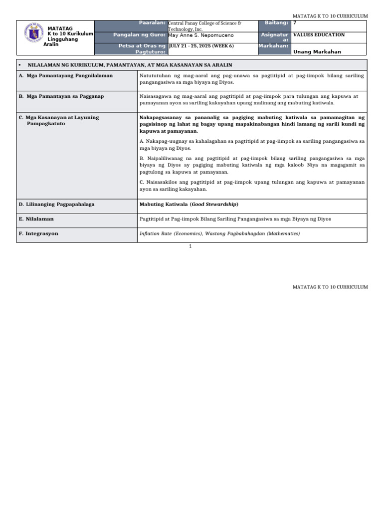 DLL Matatag - Values Education 7 q1 w6 | PDF