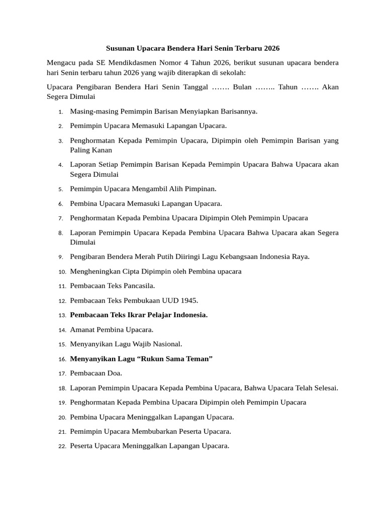 Susunan Upacara Bendera Hari Senin Terbaru 2026 | PDF