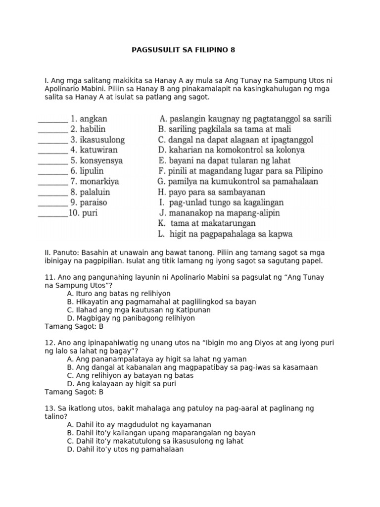 Pagsusulit Sa Filipino 8 - Week 5 2nd Quarter | PDF