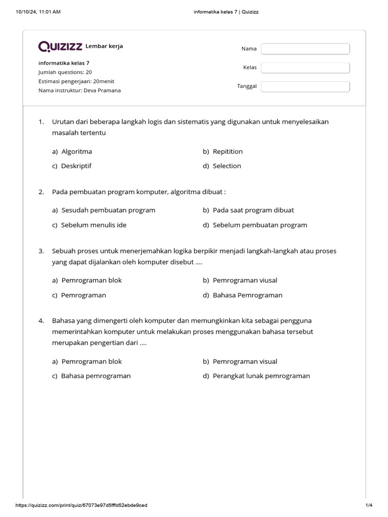 Informatika Kelas 7 - Quizizz | PDF