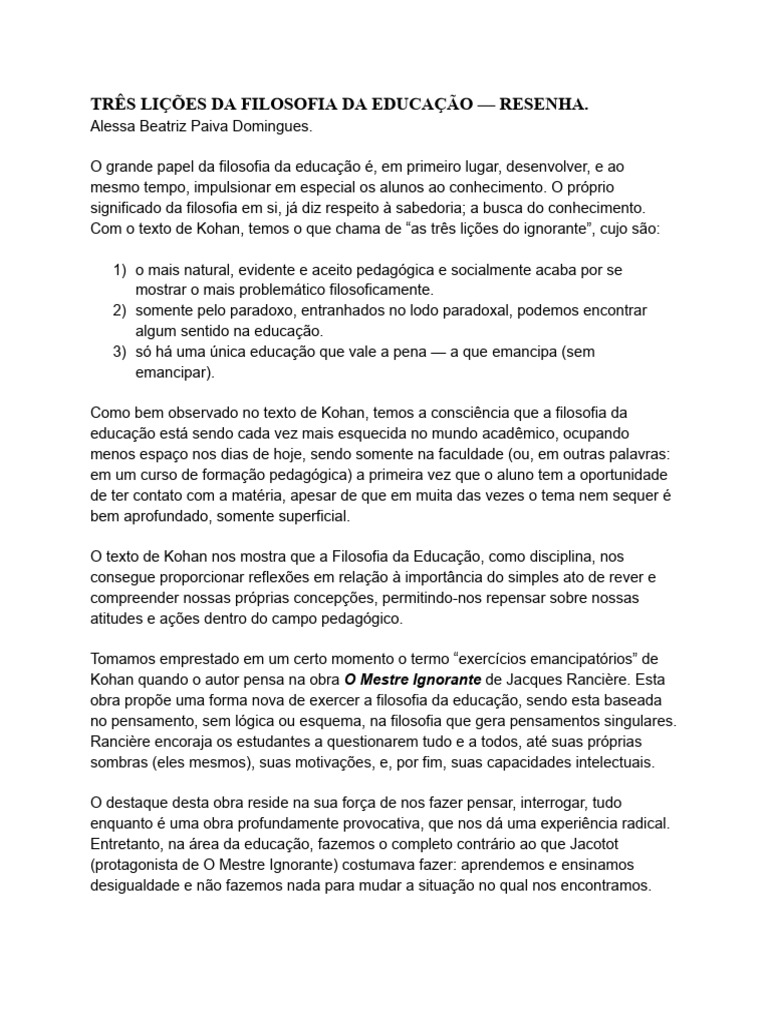 Três Lições Da Filosofia Da Educação | PDF | Filosofia da Educação ...
