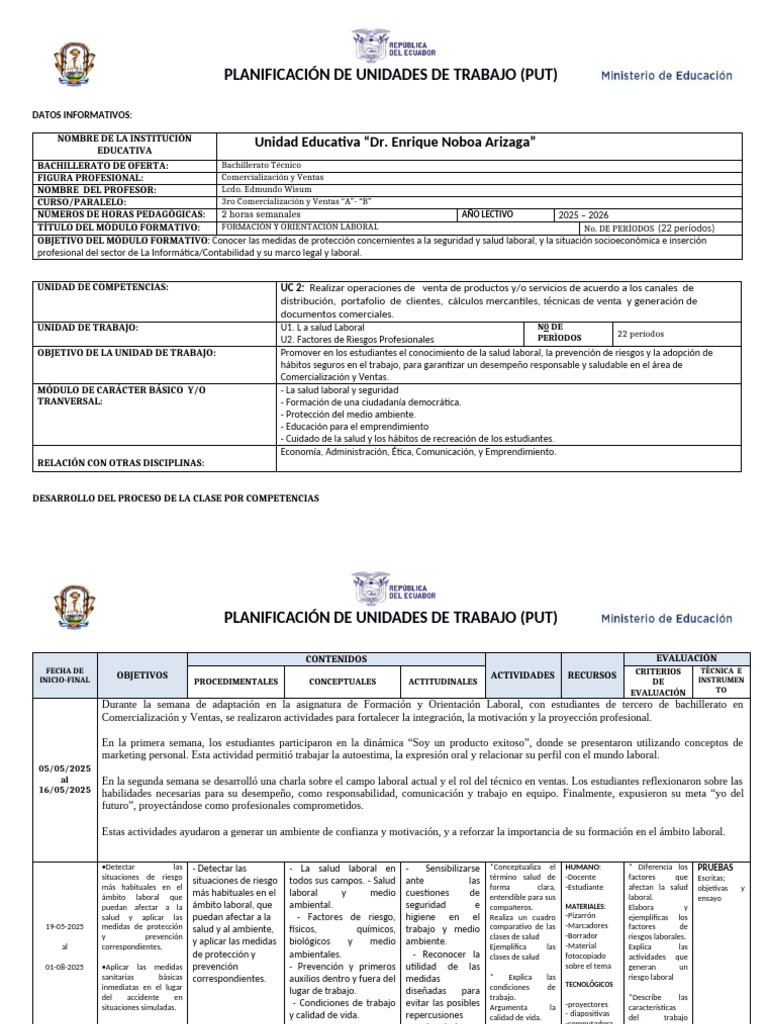 FOL-PLANIFICACIÓN UNIDAD DE TRABAJO (PUT) | PDF | Derecho laboral ...