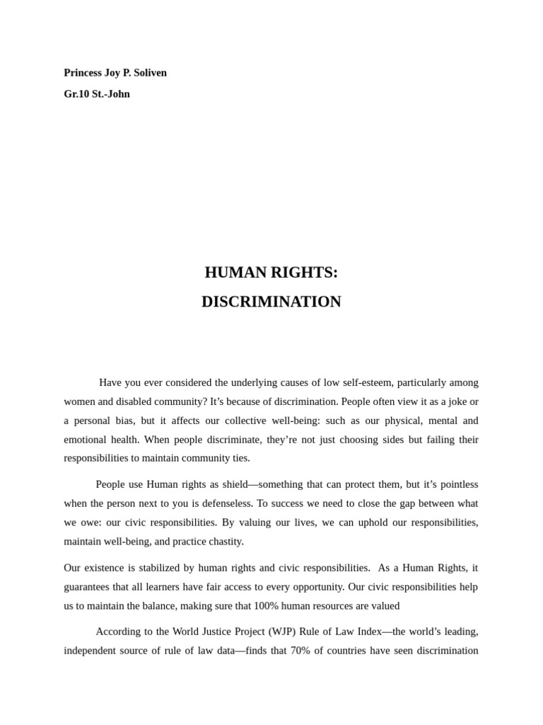 Human Rights: Discrimination: Princess Joy P. Soliven Gr.10 St.-John ...