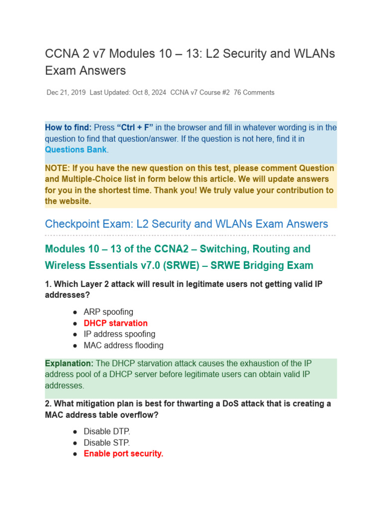 CCNA 2 v7 Modules 10 - 13 - L2 Security and WLANs Exam Answers | PDF ...