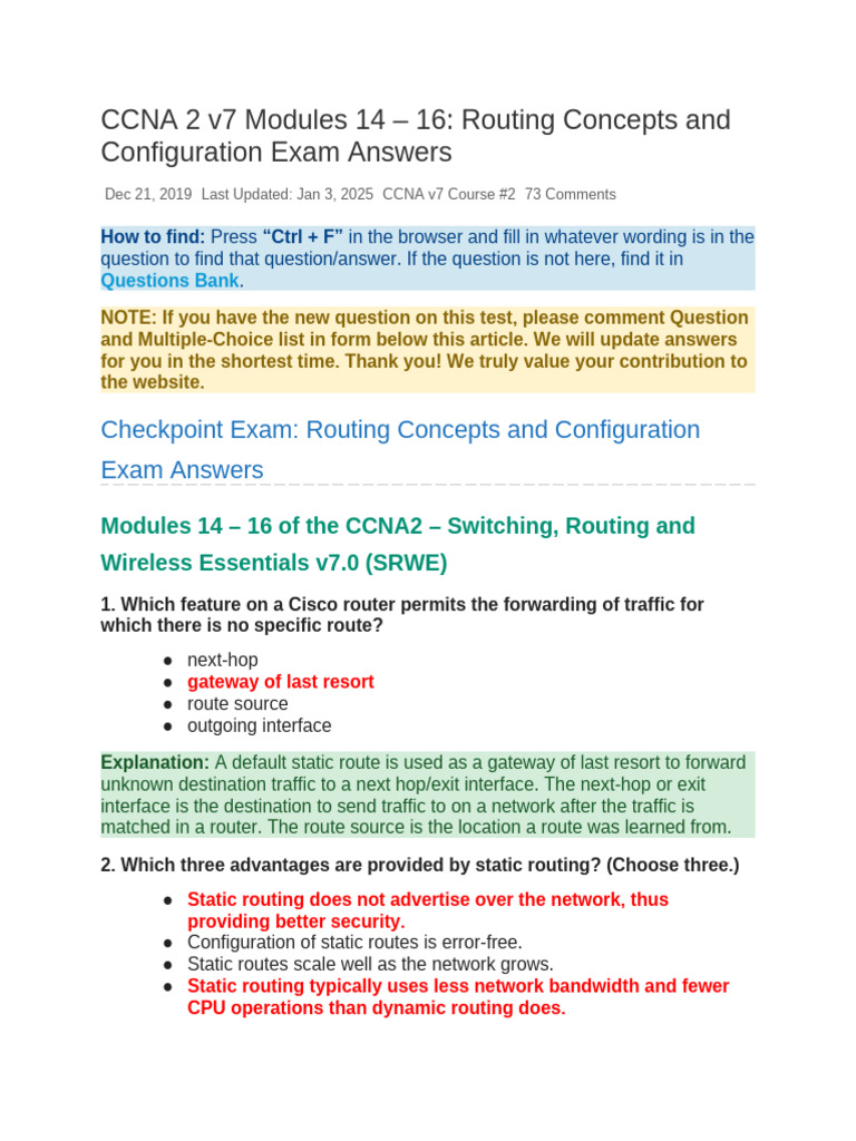 CCNA 2 v7 Modules 14 - 16 - Routing Concepts and Configuration Exam ...