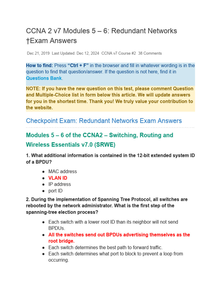 CCNA 2 v7 Modules 5 - 6 - Redundant Networks Exam Answers | PDF ...