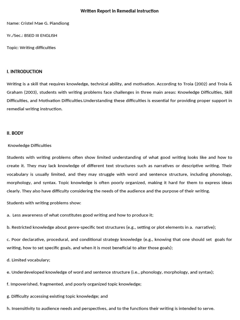 Written Report in Writing Difficulties | PDF | Knowledge | Motivational