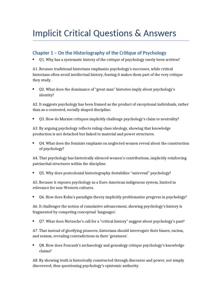 Implicit Critical Questions Answers | PDF | Psychology | Metaphysics