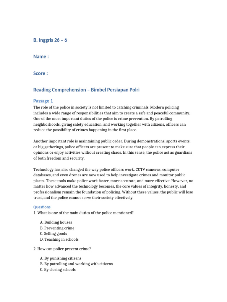 Reading Comprehension Polri With Options | PDF | Police | Community ...