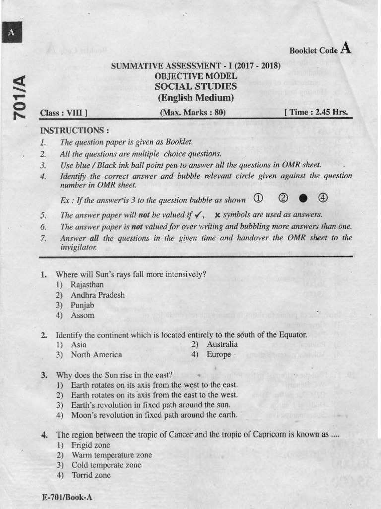 AP Class 8th SA-1- 2017 Objective Question Paper - Social Studies ( Eng ...