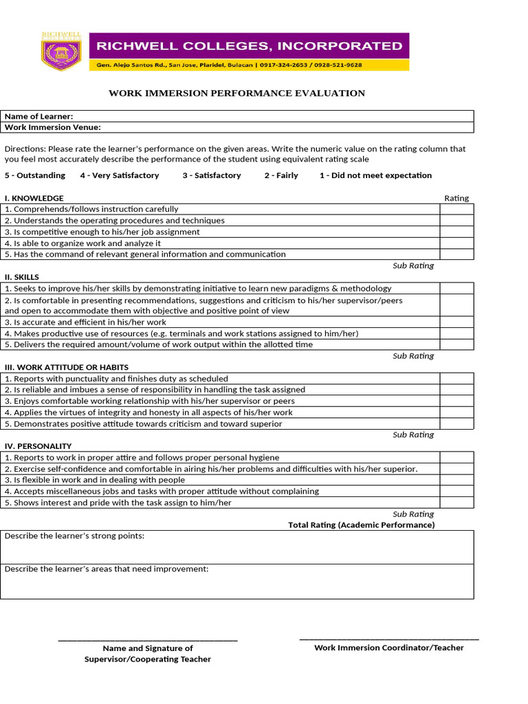 Work Immersion Evaluation Sheet | PDF | Learning | Teachers