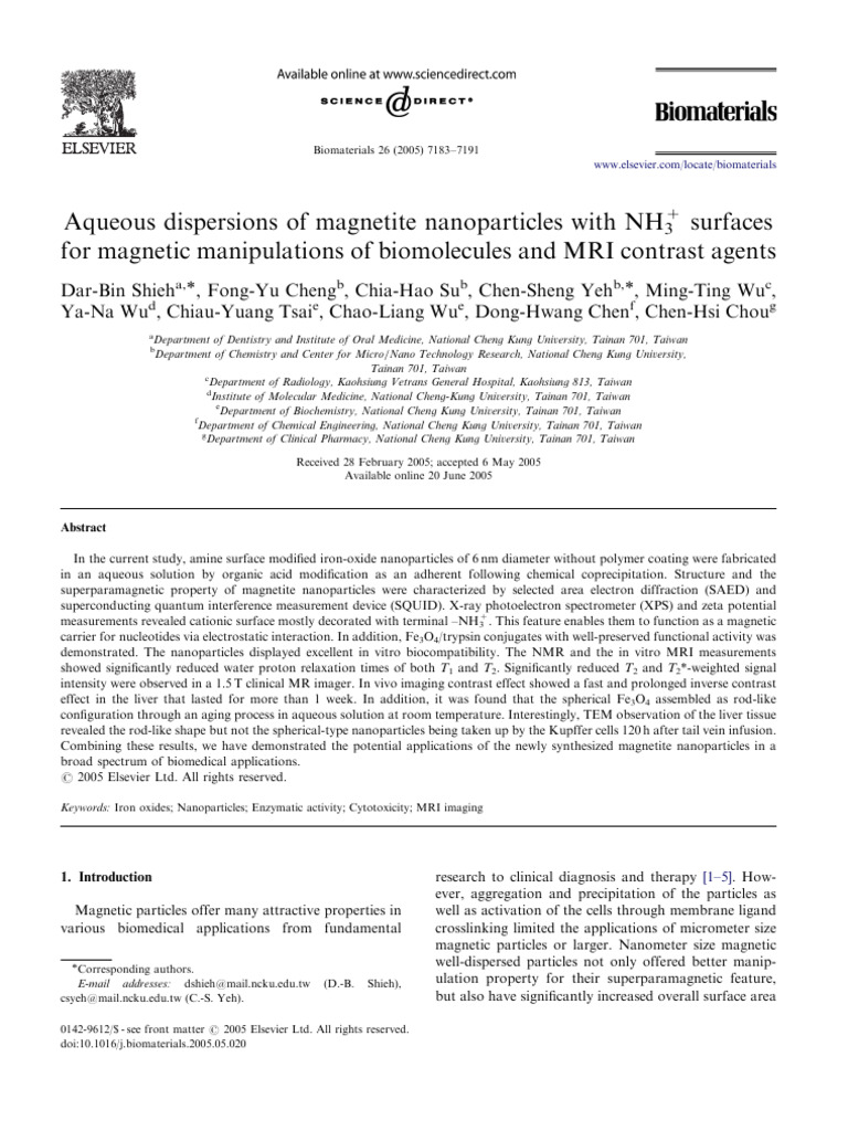 Aqueous Dispersions of Magnetite Nanoparticles With NH3+ Surfaces For ...