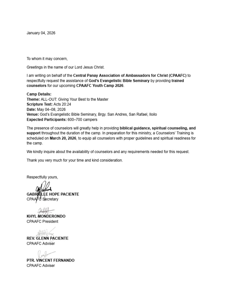 Counselors CPAAFC Youth Camp 2026 Letter | PDF