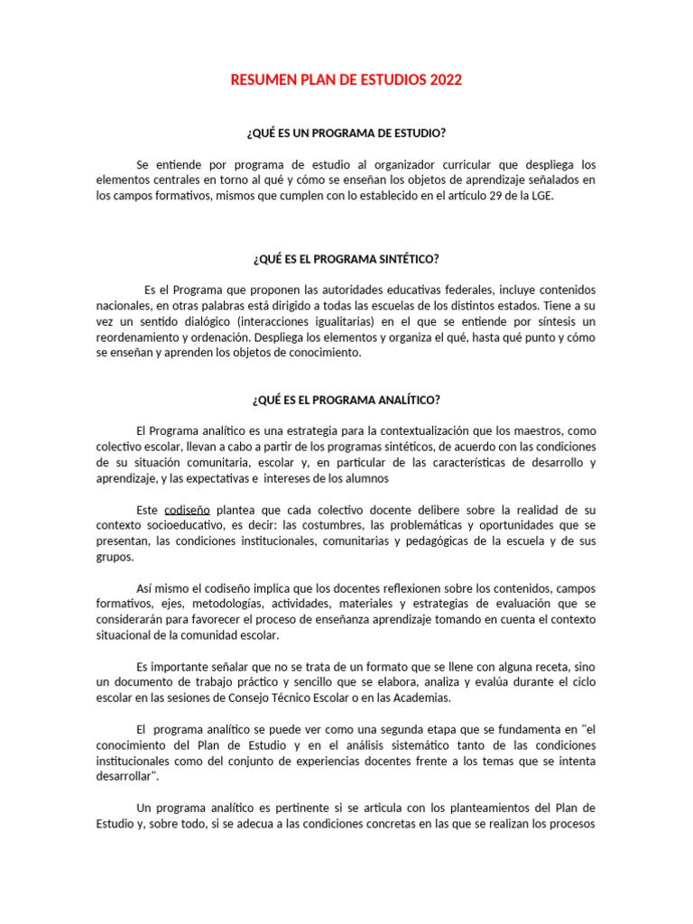 Resumen Plan de Estudios 2022 | PDF | Plan de estudios | Educación de ...