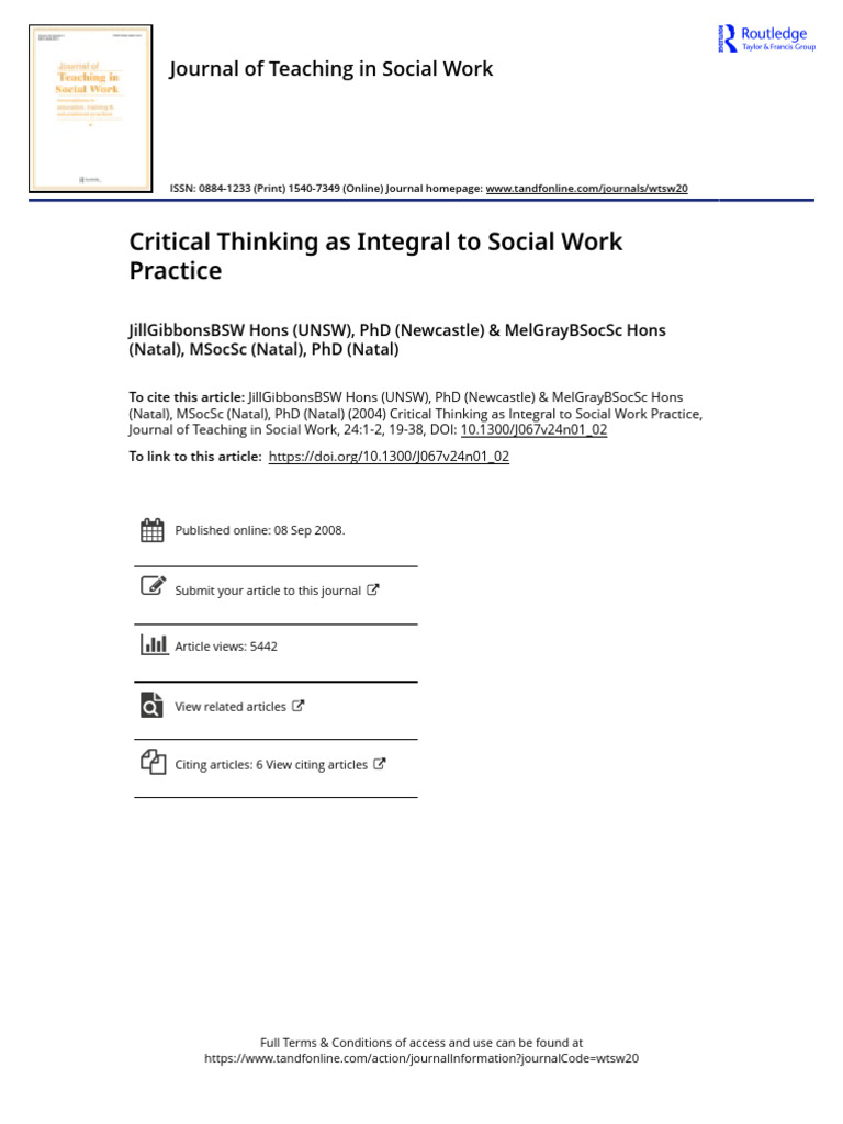 Critical Thinking As Integral To Social Work Practice | PDF | Critical ...
