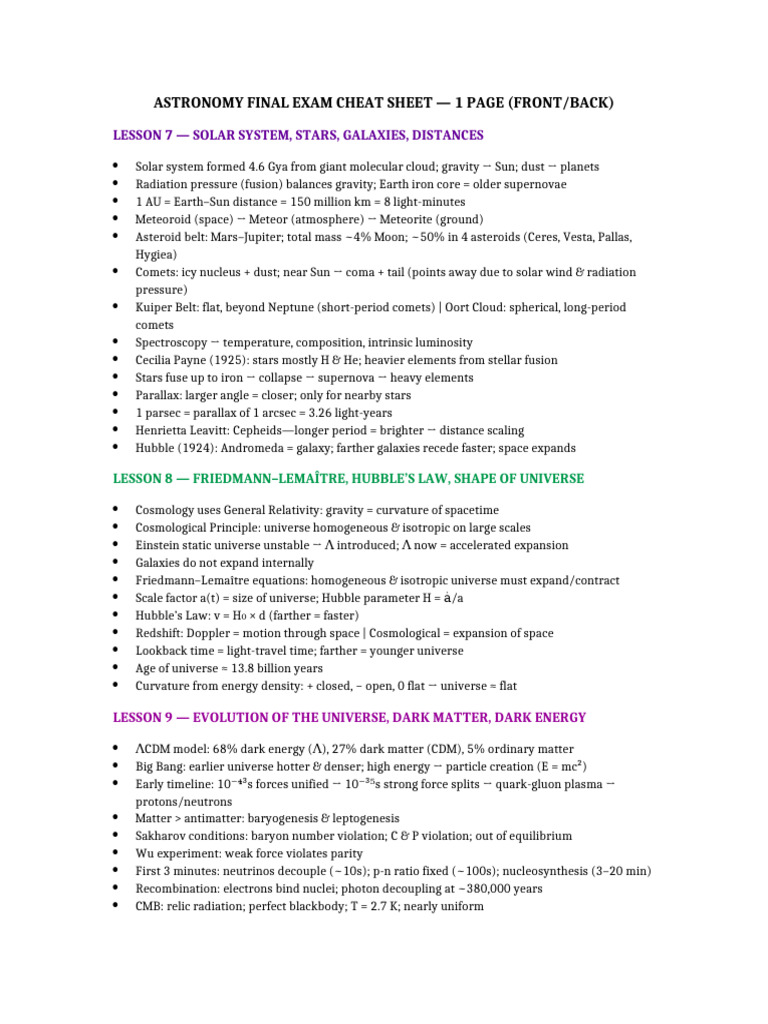 Astronomy Final Cheat Sheet 1 Page | PDF | Black Hole | Universe