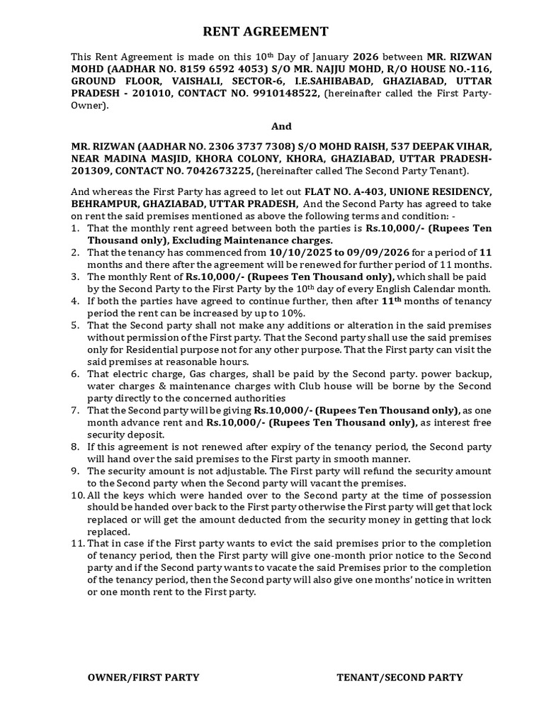 Rent Agreement Rizwan, Rizwan Mohd, A403 | PDF | Lease | Leasehold Estate
