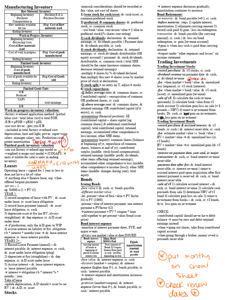 Business 2257 Midyear Exam Cheat Sheet 3 | PDF | Dividend | Book Value