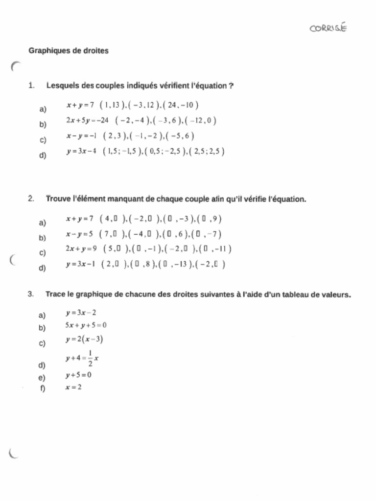 MPM2D 1.0b Exercices Graphiques de Droites Corrigé | PDF