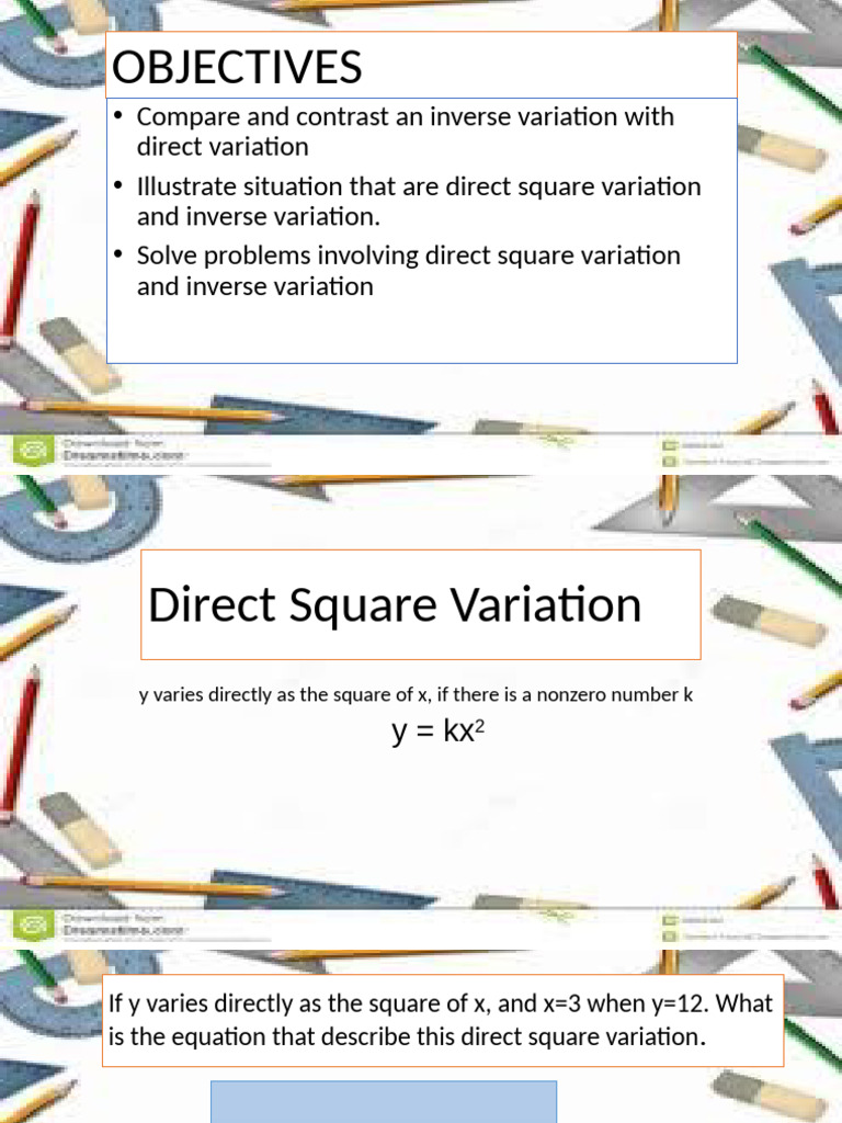 Direct Square and Inverse Variation | PDF | Equations | Mathematics