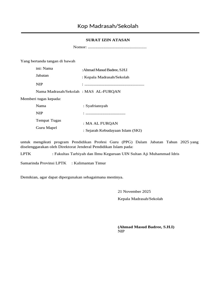 Contoh Format Surat Izin Atasan | PDF
