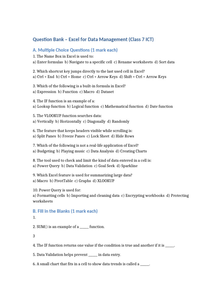 Expanded Question Bank Excel For Data Management Class7 | PDF ...