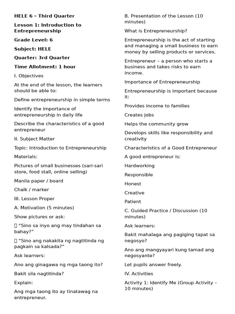Hele 6 Third Quarter Lesson 1 | PDF | Entrepreneurship | Cognition