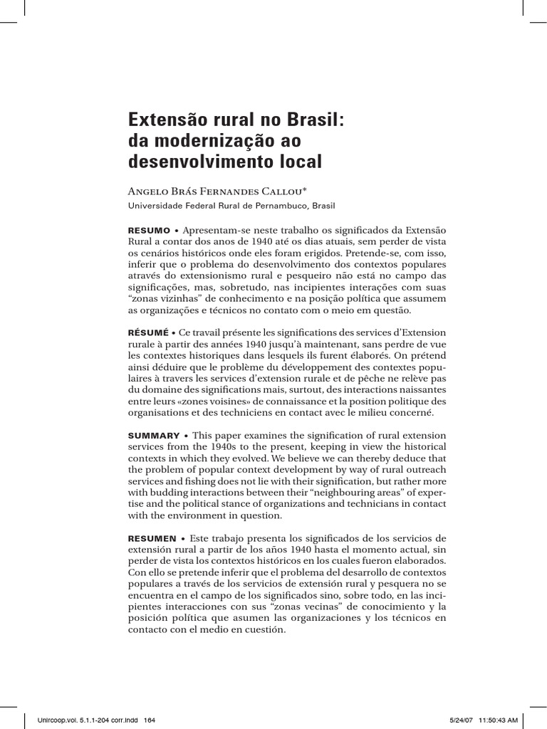 Extensão Rural No Brasil Da Modernização Ao Des. Local CALLOU | PDF ...