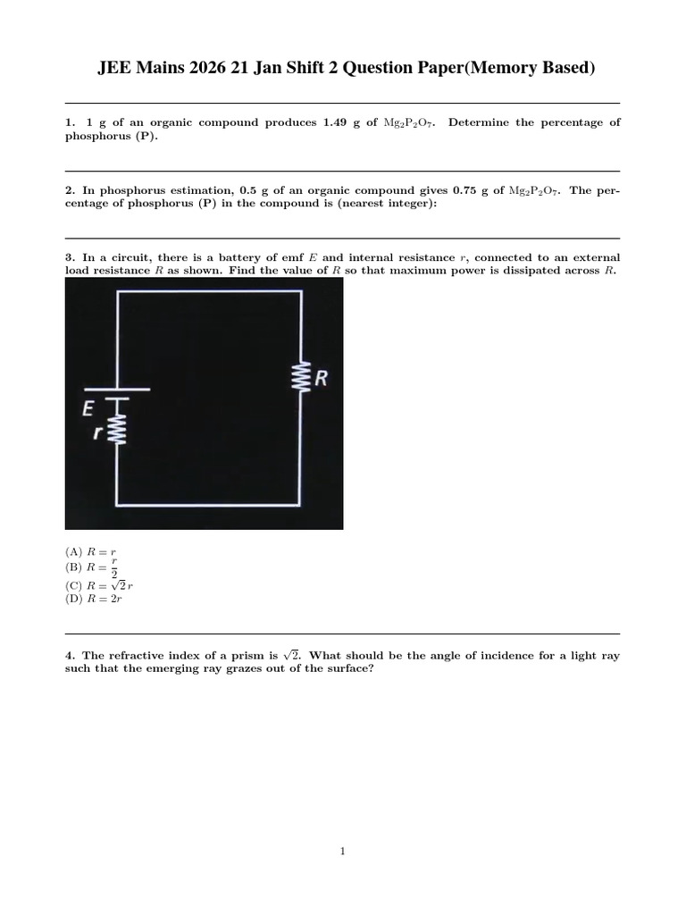 JEE Main 2026 21 Jan Shift 2 Question Paper ...