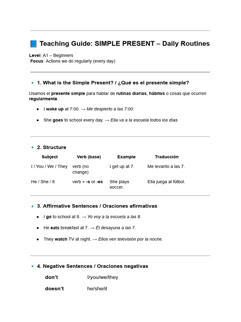 Teaching Guide - SIMPLE PRESENT - Daily Routines | PDF | Gramática ...