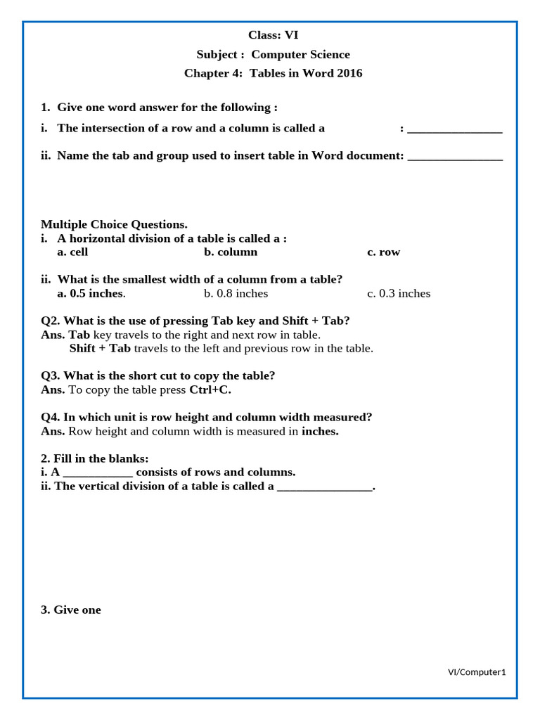 VI-Ch4-Tables in Word - Worksheet | PDF
