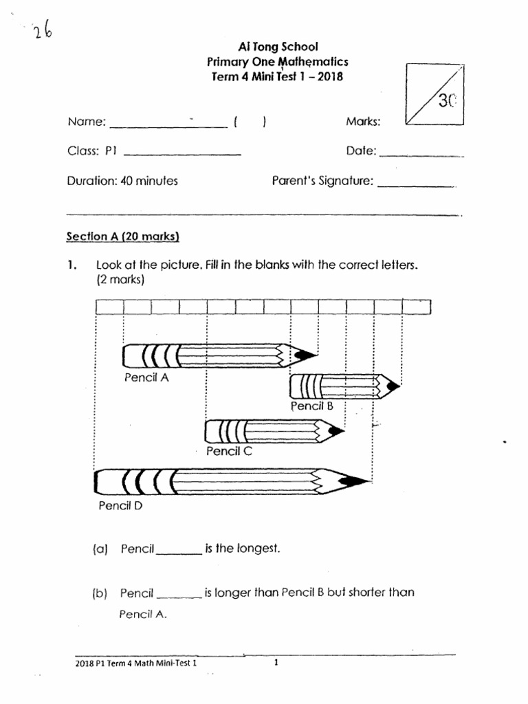P1 Maths 2018 Ai Tong Test3 Papers | PDF