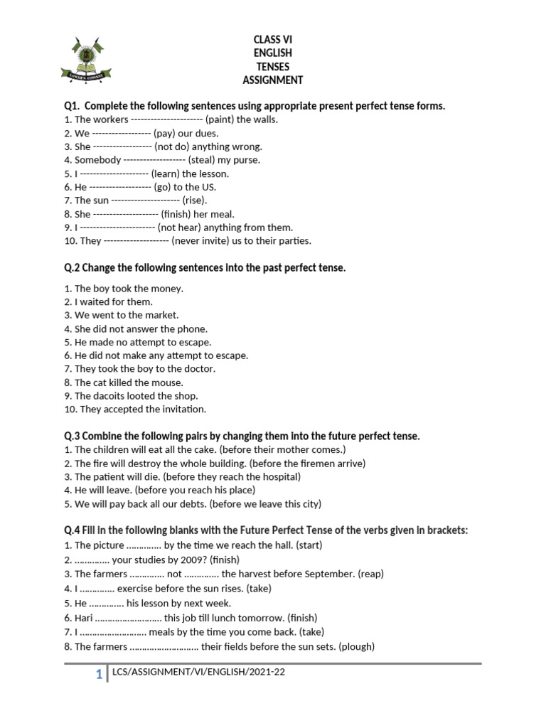Class 6 English Assignment TENSES | PDF | Grammatical Tense | Grammar